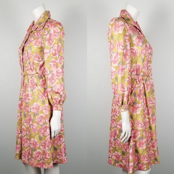 Vintage 70s Mid Century Mod Rose Floral Fit & Flare Handmade Midi Dress - Picture 2 of 12